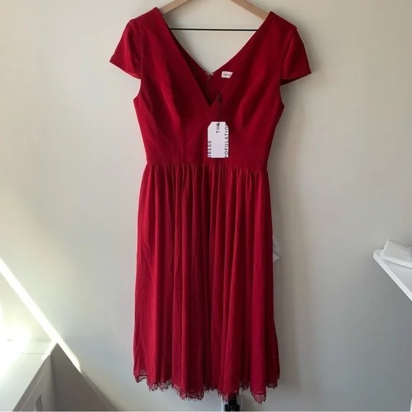 Dress the Population Corey Chiffon Fit & Flare Cocktail Dress in red Sz M